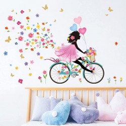 Sticker decorativ, Fata pe bicicleta cu fluturi, 90 cm, 1141STK-1