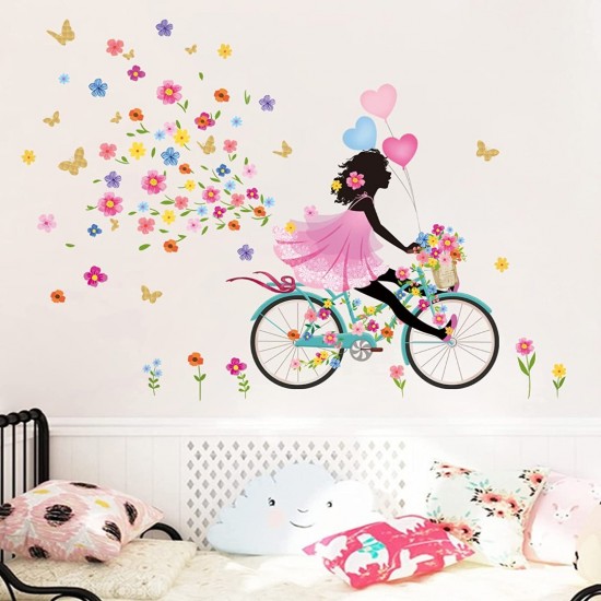 Sticker decorativ, Fata pe bicicleta cu fluturi, 90 cm, 1141STK-1