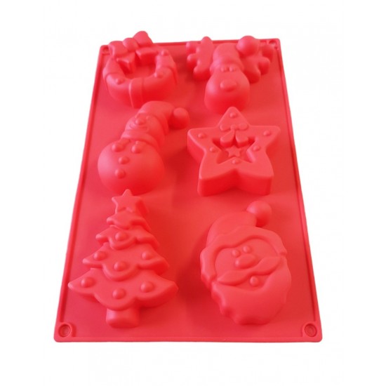 Forma silicon pentru prajituri, Tema Craciun, 6 cavitati, Rosu, 27 cm, 479COF