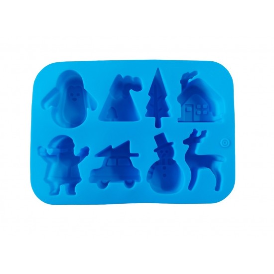 Forma silicon pentru prajituri, Tema Craciun, 8 cavitati, Albastru, 20 cm, 482COF