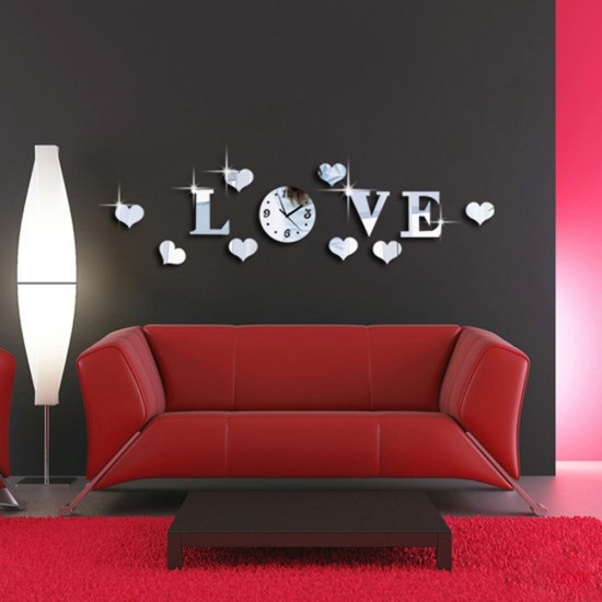 Ceas decorativ de perete, Love, Oglinda acrilica, 50 cm, LK-13