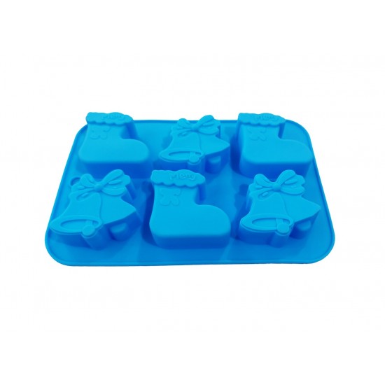 Forma silicon 6 cavitati, Tema Sarbatori de iarna, Pentru prajituri sau Briose, Albastru, 26 cm, 237COF