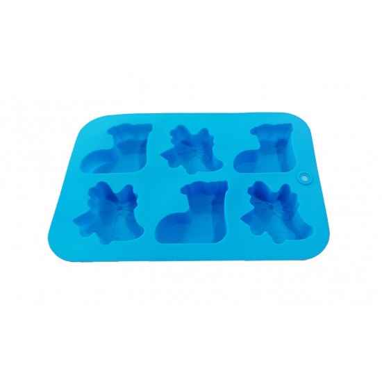 Forma silicon 6 cavitati, Tema Sarbatori de iarna, Pentru prajituri sau Briose, Albastru, 26 cm, 237COF