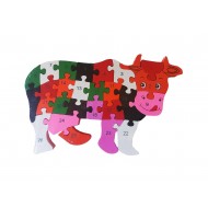 Puzzle 3D din lemn pentru copii cu Alfabet si Cifre, Vacuta, 26 piese, 26 cm, 18005SX