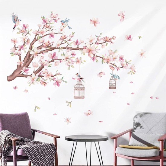 Sticker decorativ, Creanga de copca cu flori roz, 90 cm, 1138STK