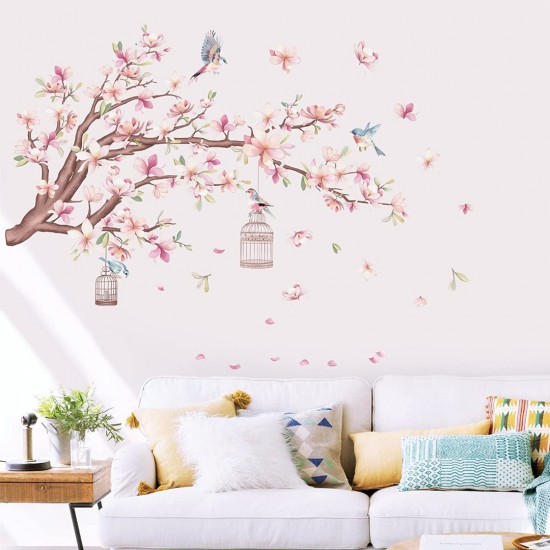 Sticker decorativ, Creanga de copca cu flori roz, 90 cm, 1138STK