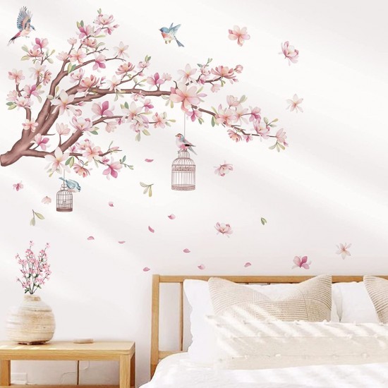Sticker decorativ, Creanga de copca cu flori roz, 90 cm, 1138STK