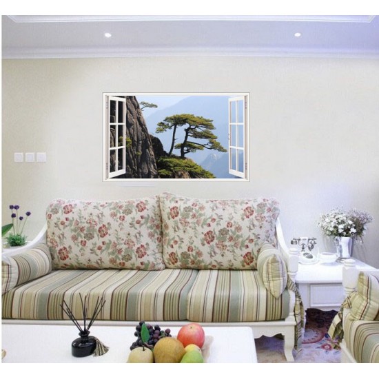 Sticker decorativ, Fereastra 3D, Peisaj de munte, 85 cm, 579STK