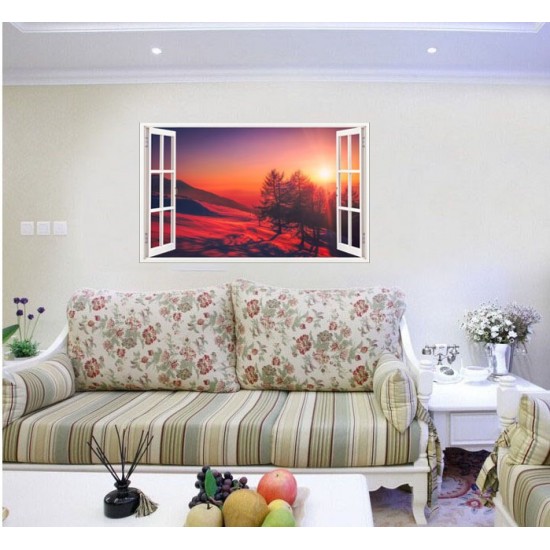 Sticker decorativ, Fereastra 3D, Peisaj de munte, Apus, 85 cm, 582STK