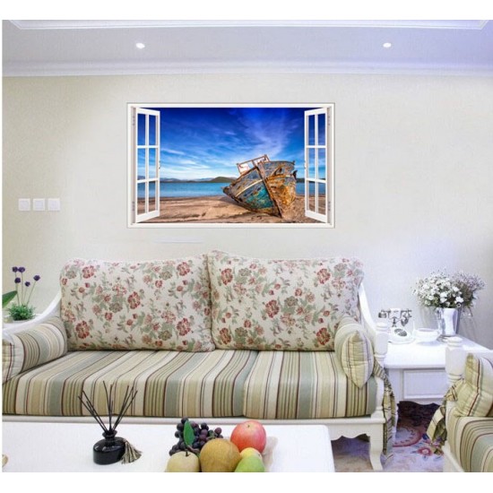 Sticker decorativ, Fereastra 3D, Plaja, 85 cm, 619STK