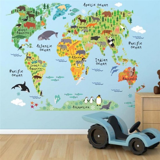 Sticker decorativ, Harta lumii a animalelor, 140 cm, 750STK