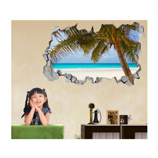 Sticker decorativ, gaura in perete 3D,  Plaja, 85 cm, 166STK-1
