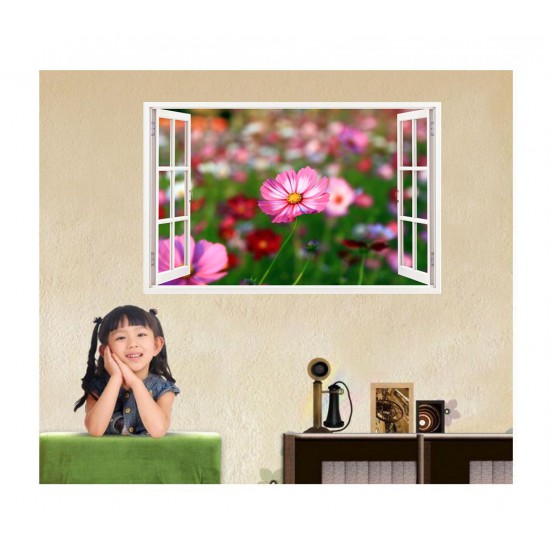 Sticker decorativ, Fereastra 3D, Flori, 85 cm, 333STK