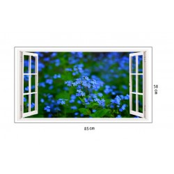 Sticker decorativ, Fereastra 3D, Flori albastre, 85 cm, 245STK