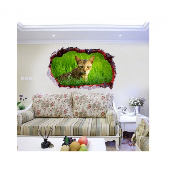 Sticker decorativ, Gaura in perete 3D, Pisica, 85 cm, 408STK