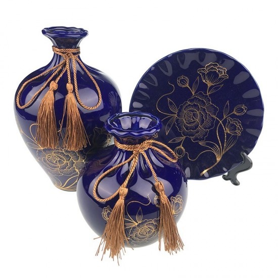 Set 2 vaze decorative si farfurie din ceramica, Albastru, 725H Set 2 vaze decorative si farfurie din ceramica, Albastru, 725H