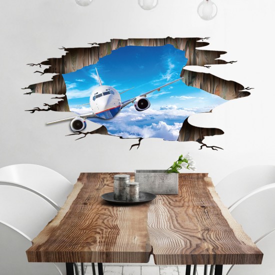 Sticker decorativ 3D, Gaura in perete, avion pe cer  115 cm, 97STK