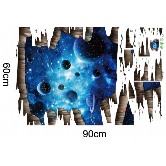 Sticker decorativ 3D, Gaura in perete planete 110 cm, 93STK