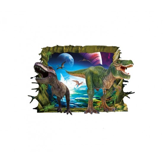Sticker decorativ 3D, Gaura in perete spre lumea dinozaurilor  85 cm, 424STK
