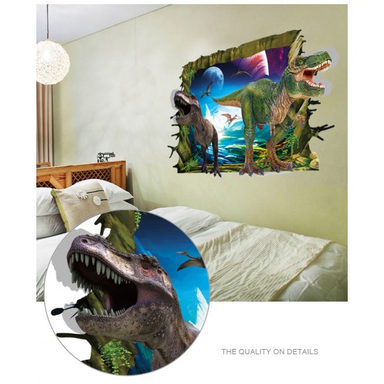Sticker decorativ 3D, Gaura in perete spre lumea dinozaurilor  85 cm, 424STK