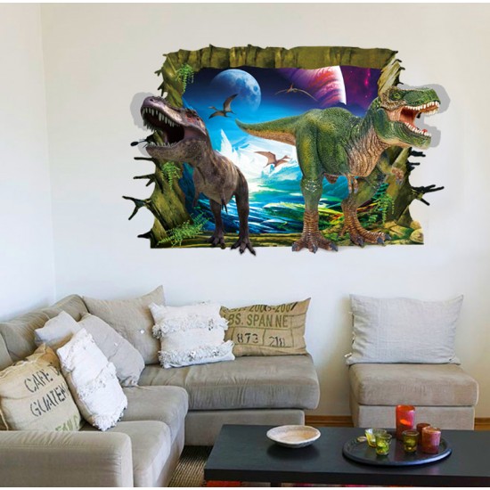 Sticker decorativ 3D, Gaura in perete spre lumea dinozaurilor  85 cm, 424STK