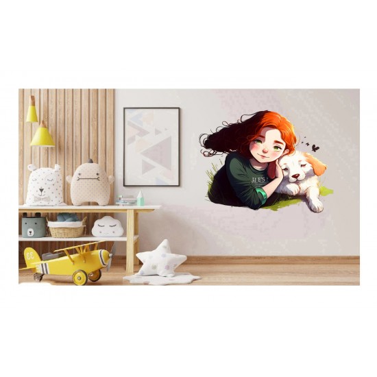 Sticker decorativ, Fetita si Catelul, Portocaliu, 69 cm, 1294STK-2 Sticker decorativ, Fetita si Catelul, Portocaliu, 69 cm, 1294STK-2