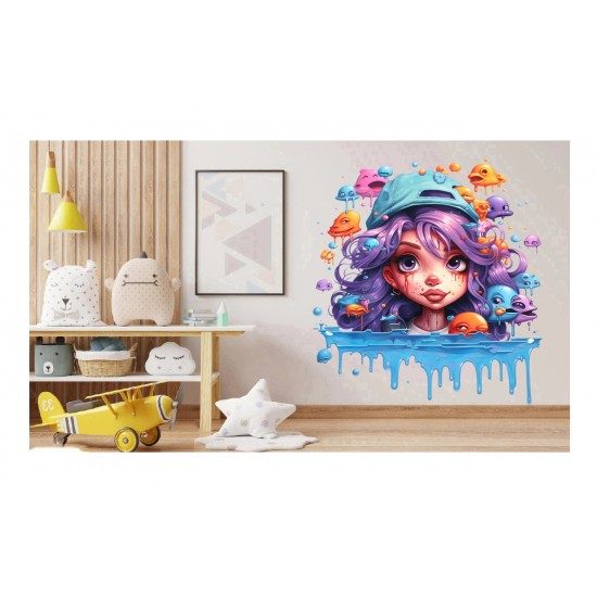 Sticker decorativ, Culori Pastelate, Fata, Mov, Albastru, 62 cm, 1347STK-6