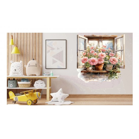 Sticker decorativ, Flori Crizanteme, Roz, 66 cm, 1363STK-1