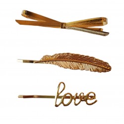 Set 3 agrafe de par, Funda, Pana, Love, 6 cm, Auriu, 33BJ Set 3 agrafe de par, Funda, Pana, Love, 6 cm, Auriu, 33BJ
