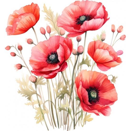 Sticker decorativ, Buchet de Flori Maci, Rosu, 65 cm, 1350STK-1