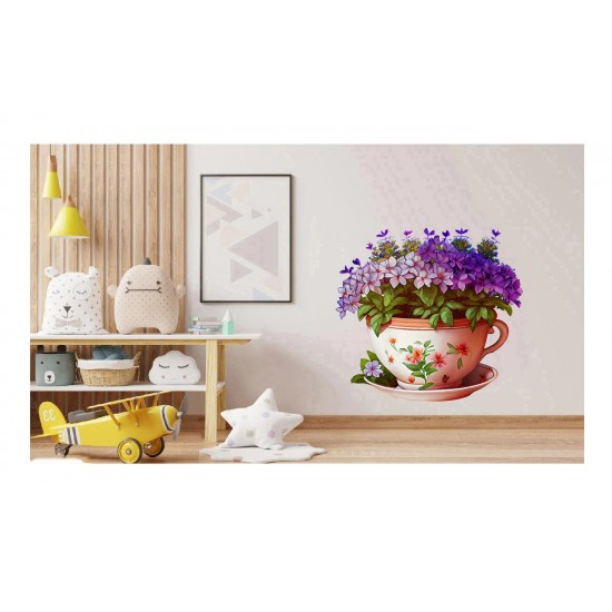 Sticker decorativ, Ceasca cu Flori, Mov, 61 cm, 1261STK-1