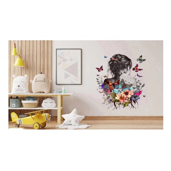 Sticker decorativ, Fata, Fluturi si Flori, Multicolor, 70 cm, 1208STK-2