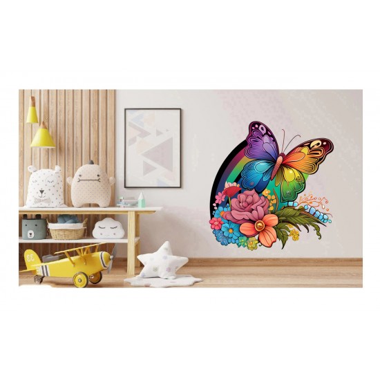 Sticker decorativ, Fluture, Curcubeu si Flori, Multicolor, 68 cm, 1210STK-1