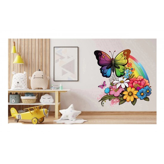 Sticker decorativ, Fluture, Curcubeu si Flori, Multicolor, 68 cm, 1210STK-2 Sticker decorativ, Fluture, Curcubeu si Flori, Multicolor, 68 cm, 1210STK-2