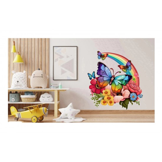 Sticker decorativ, Fluture, Curcubeu si Flori, Multicolor, 68 cm, 1210STK-3