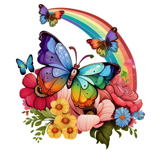 Sticker decorativ, Fluture, Curcubeu si Flori, Multicolor, 68 cm, 1210STK-3